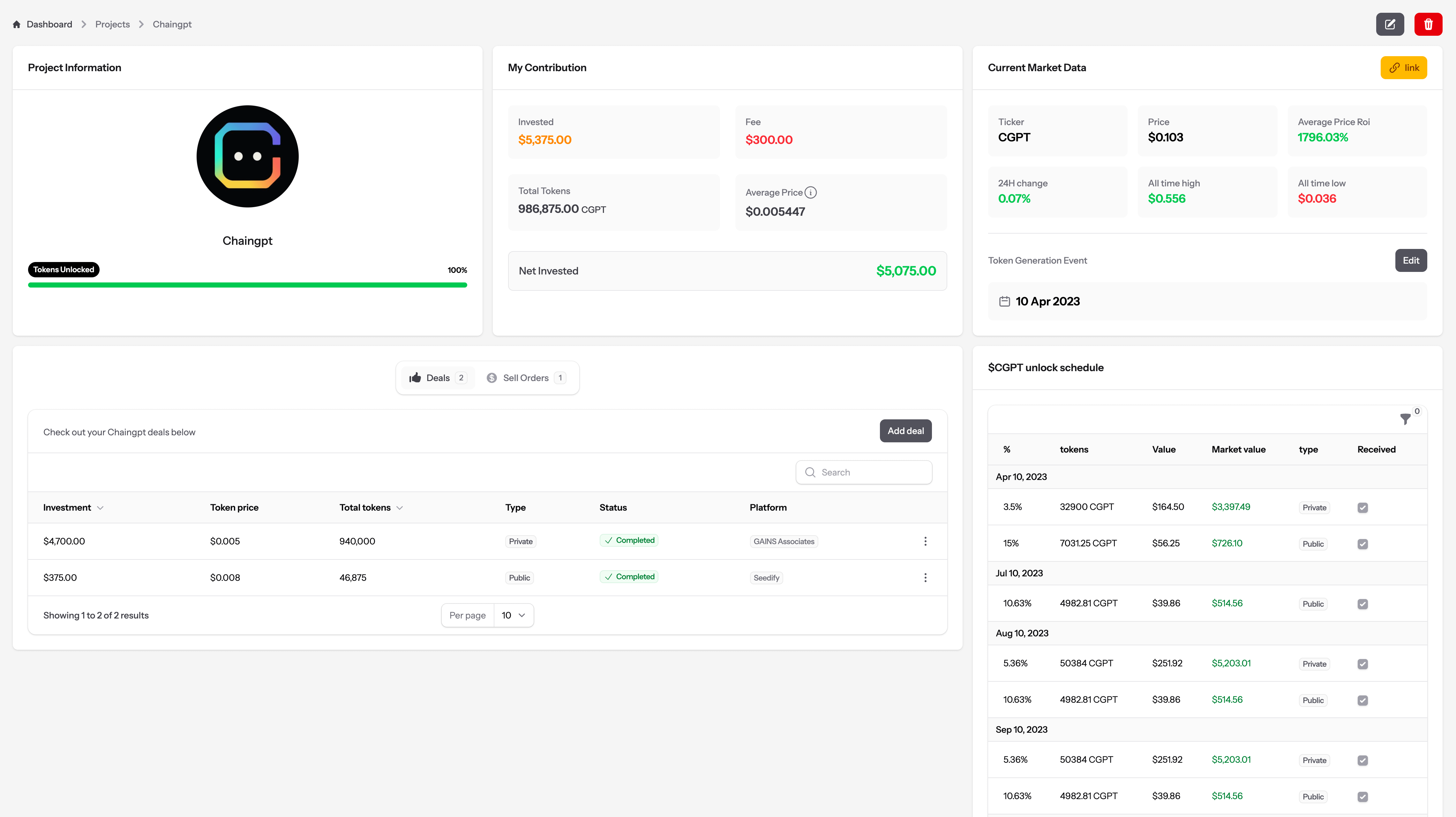 VC-Flow project management interface showing flexible crypto project tracking dashboard